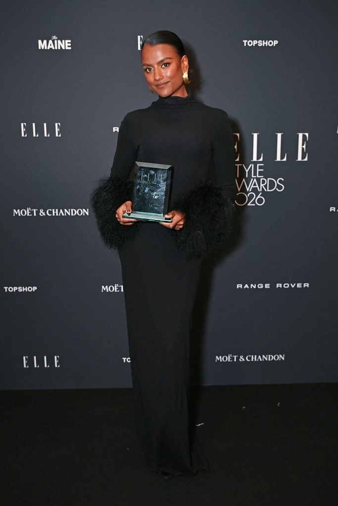 Simone Ashley wearing 16Arlington while holding her Performer award at the 2026 ELLE Style Awards in London.