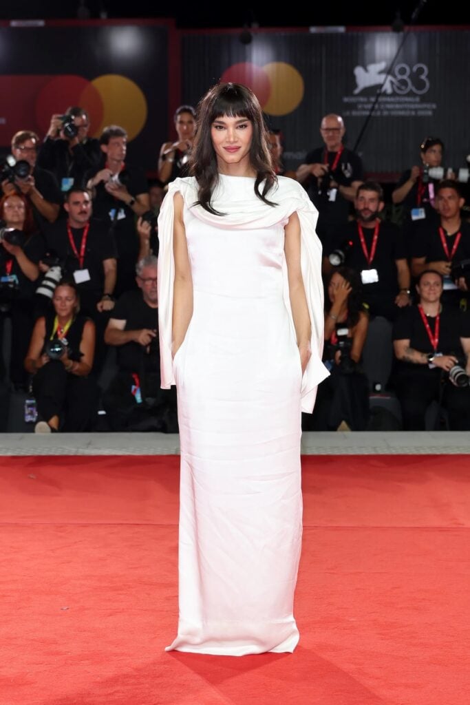 Sofia Boutella wears a black Stella McCartney Pre-Fall 2026 dress at The Basics of Philosophy world premiere during the Venice Film Festival.