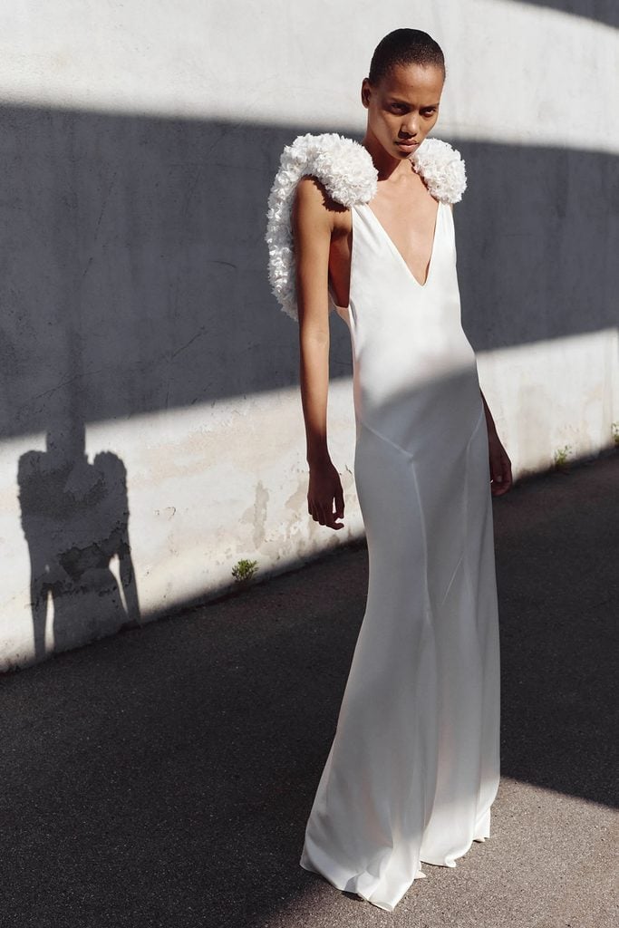 Stella McCartney Resort 2027 white satin gown with textured shoulder detailing