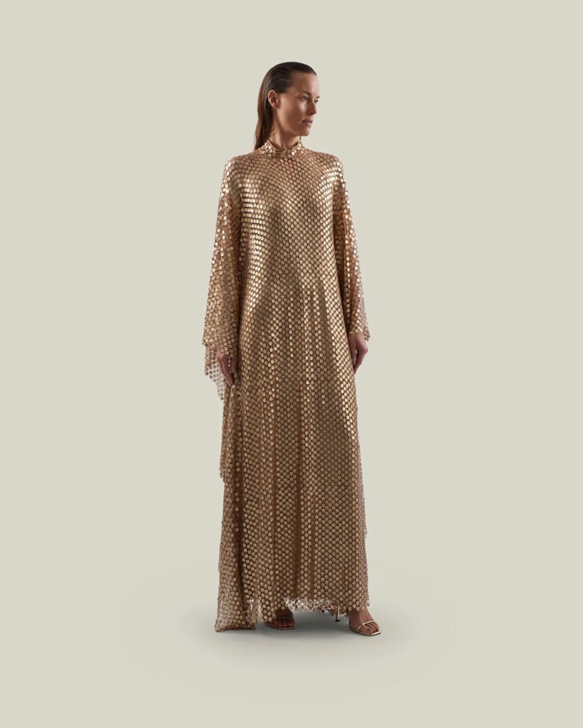 Taller Marmo Deserto kaftan in gold matte-metallic sequins, as worn by Joely Richardson in London.