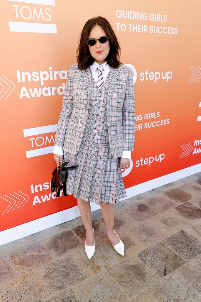 Tallulah Willis wearing a checked Thom Browne three-piece suit and pleated skirt at the 2026 Step Up Inspiration Awards.