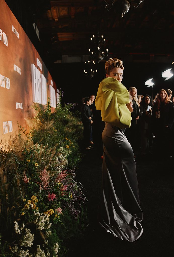 Florence Pugh in custom Vivienne Westwood on the red carpet for Netflix’s ‘East of Eden’ premiere.