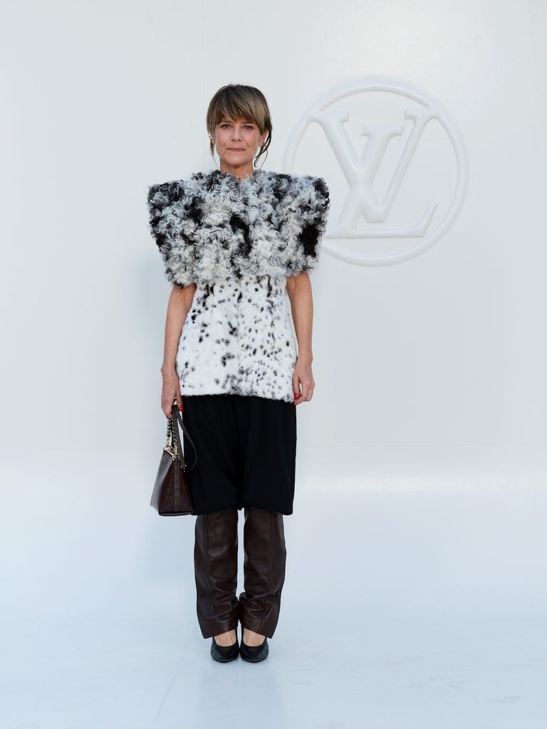 Marina Foïs wearing a textured black-and-white Louis Vuitton top at the Spring-Summer 2027 show in Paris.