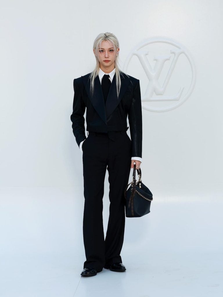 Felix wearing black Louis Vuitton tailoring at the Women’s Spring-Summer 2027 show at the Louvre in Paris.