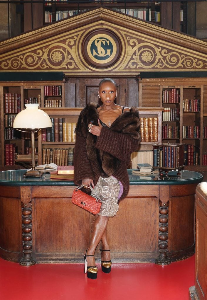 Cynthia Erivo wearing Valentino with faux-fur detailing at the Valentino Spring 2027 show in Paris.