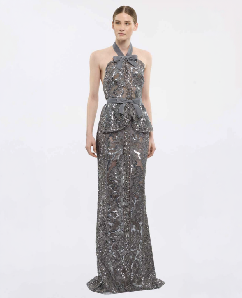silver Elie Saab Fall 2026 embellished gown with grey velvet bows