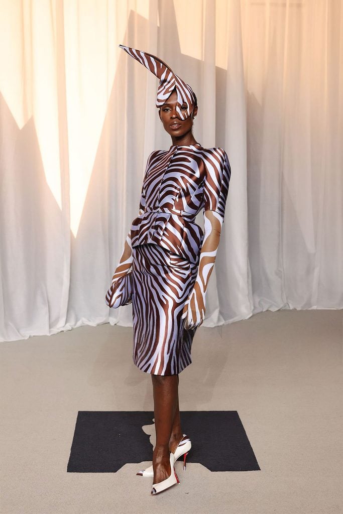 Jodie Turner-Smith in a sculptural zebra-print Mugler Spring 2027 look with a dramatic headpiece at the 2026 Academy Museum Gala in Los Angeles