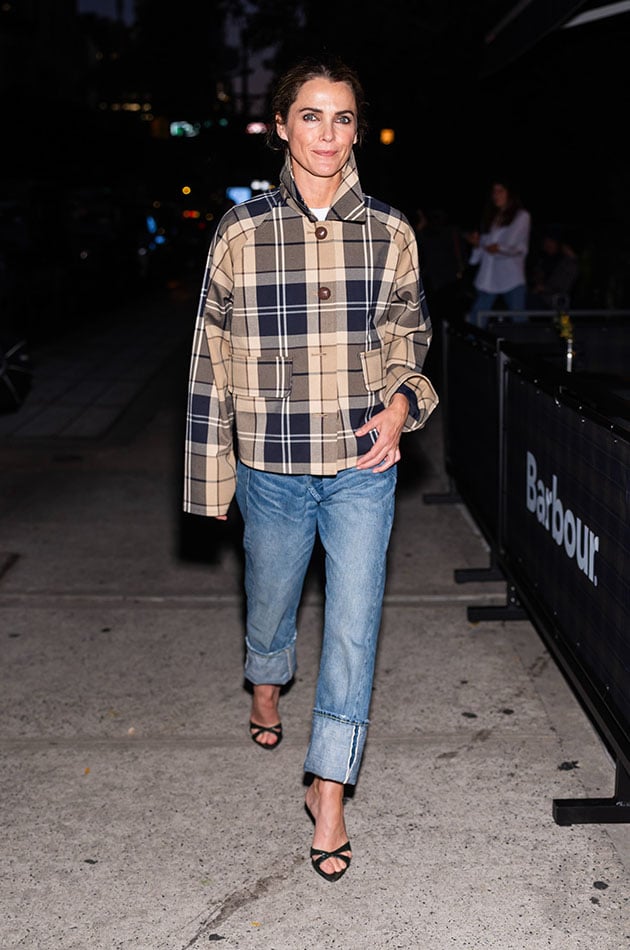 Keri Russell wears the Barbour Delilah Checked Showerproof Jacket while attending the Barbour x Dean's Pub Takeover Kick Off Dinner in Soho.