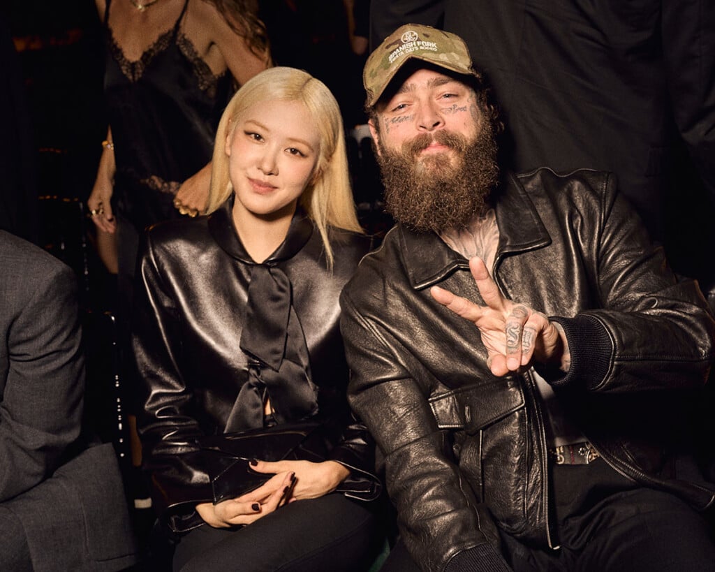 Rose & Post Malone at the Saint Laurent Spring 2027 show during Paris Fashion Week.