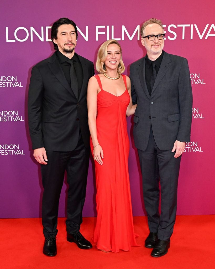 Adam Driver, Scarlett Johansson wearing custom Prada, and director James Gray at the Paper Tiger premiere during the BFI London Film Festival