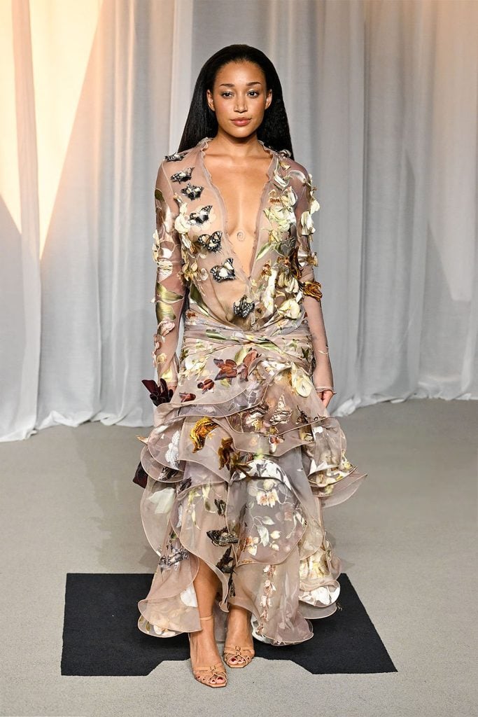 Amandla Stenberg wearing a floral Zimmermann Spring 2027 gown with butterfly details at the 2026 Academy Museum Gala