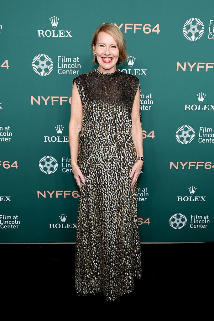 Amy Ryan wearing a metallic-embellished gown with Rachel Comey and Momma Eye jewellery at the 'A Statement' New York Film Festival premiere.