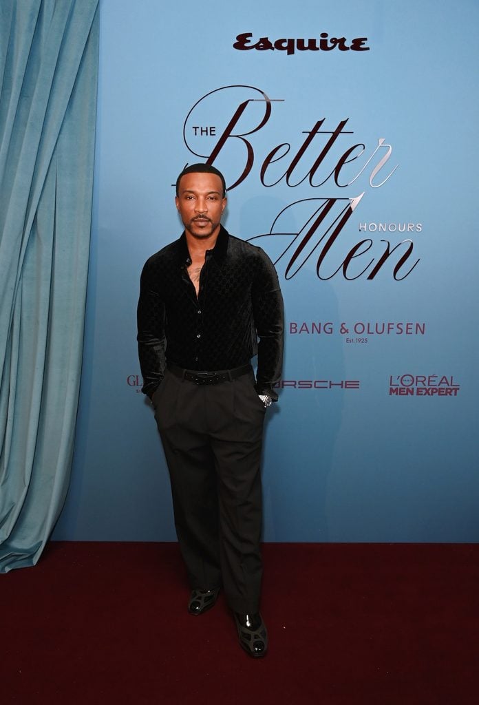 Ashley Walters in a Gucci monogram velvet shirt, black trousers and Jaden Smith Cocktail Gorp Oxfords at Esquire UK's Better Men Honours.