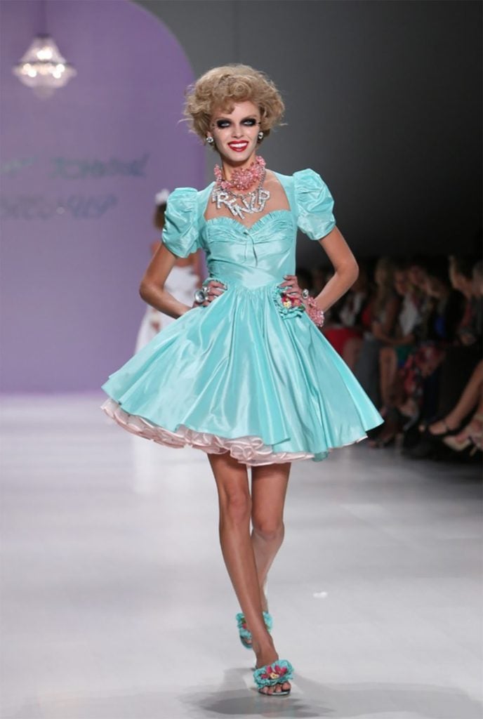 Betsey Johnson Spring 2015 runway model wearing the baby-blue dress later worn by Mckenna Grace in New York.
