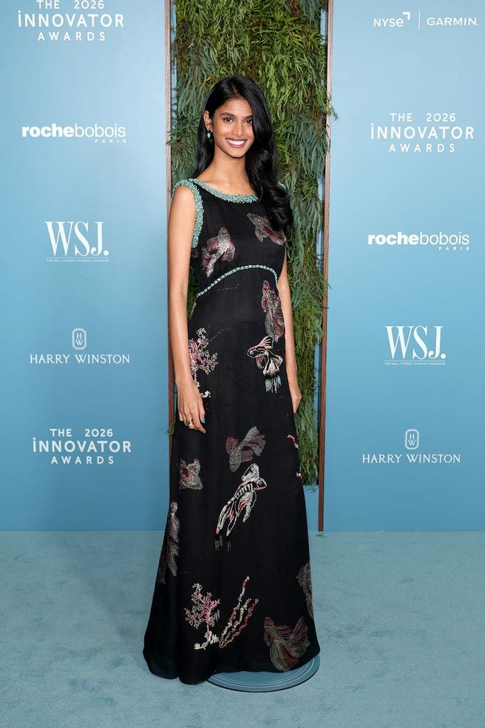 Bhavitha Mandava wears a black Chanel Pre-Fall 2026 floor-length dress with colourful embroidered motifs and turquoise beaded trims at the WSJ. Magazine Innovator Awards in New York.