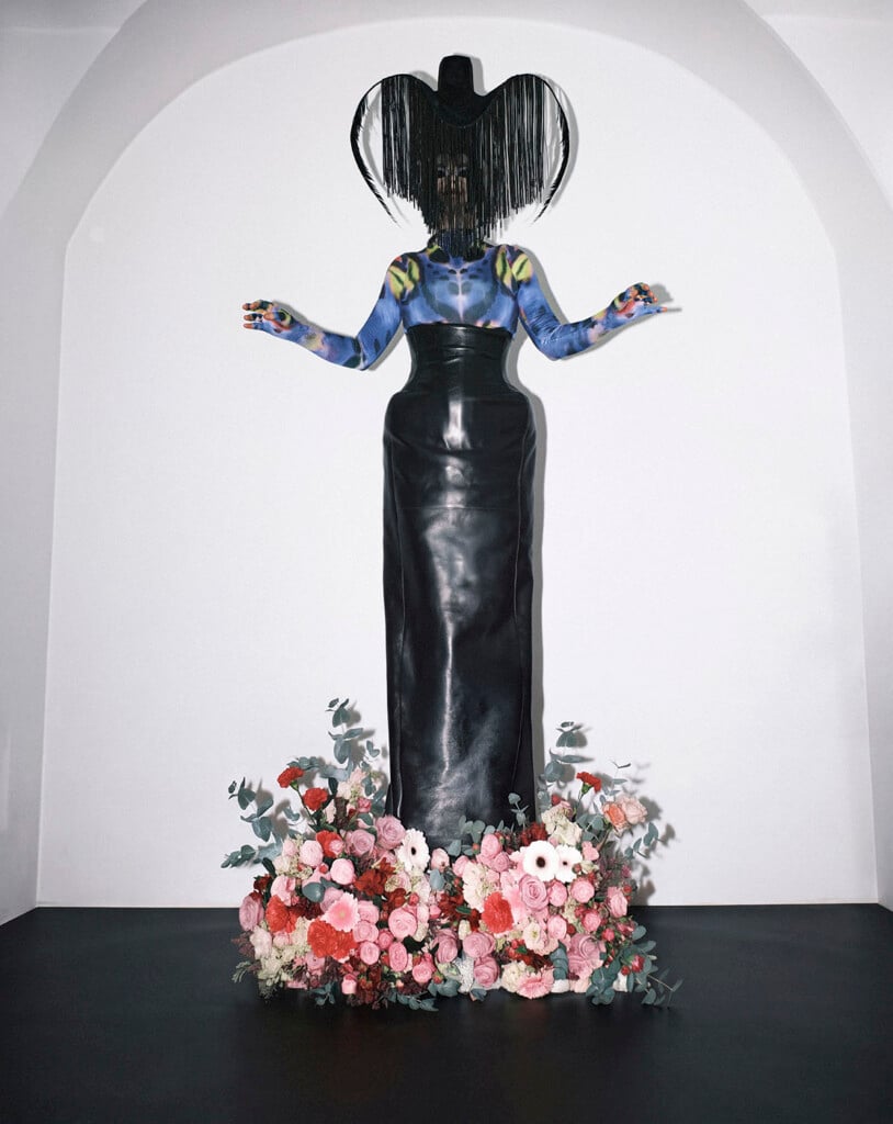 Björk wearing custom Mugler Spring 2027 with a Thierry Mugler ‘Les Insectes’ Couture headpiece for a DJ performance in Poland.
