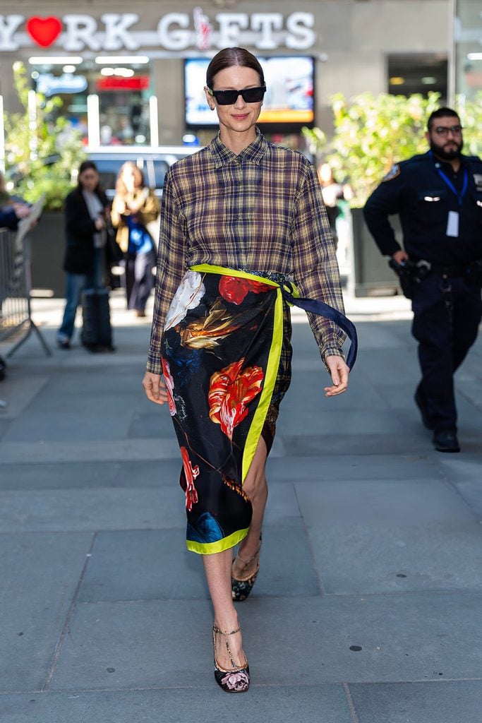 Caitríona Balfe wearing a mixed-print Dries Van Noten look while promoting ‘Tenzing’ in New York.