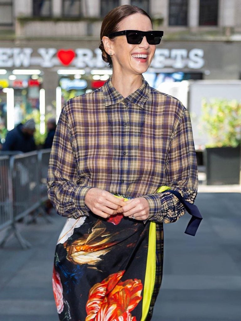 CaitrĂona Balfe in a mixed-print Dries Van Noten look during the New York promotion of ‘Tenzing’ and 'Sense and Sensibility'