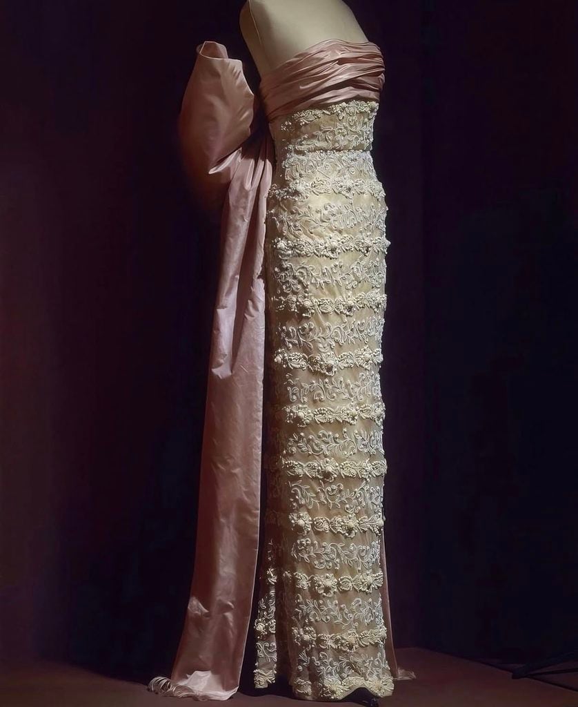 Archival 1951 Cristóbal Balenciaga Haute Couture gown featuring an embroidered column skirt and draped pink satin bodice
