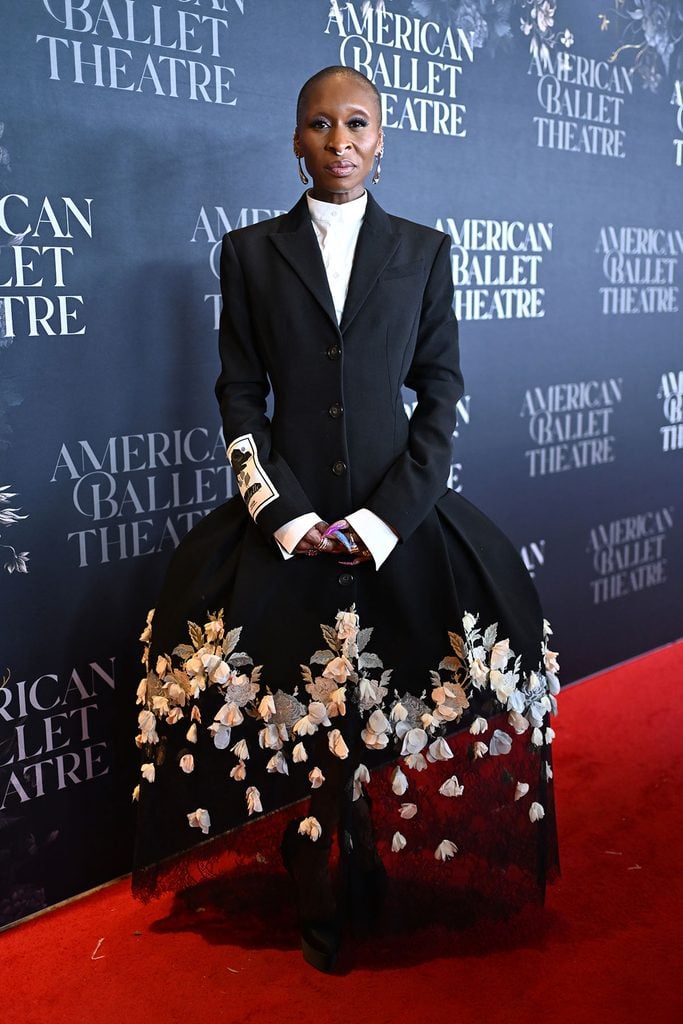 Cynthia Erivo wears a black floral-embroidered Erdem Spring 2027 look at the American Ballet Theatre Fall Gala in New York City.