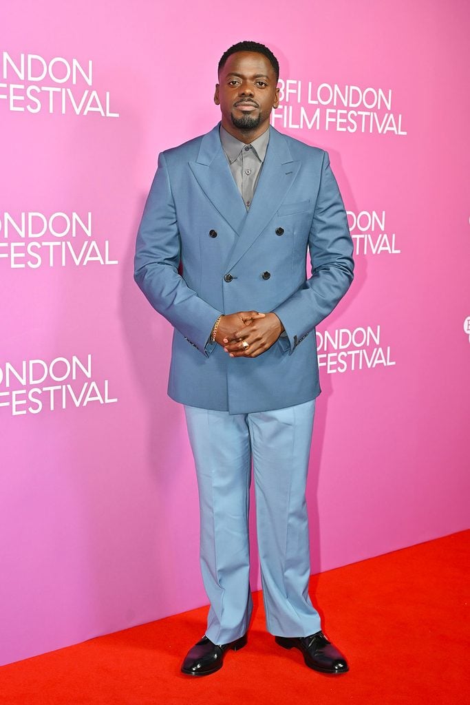 Daniel Kaluuya in a blue Prada mohair suit with an iron-grey shirt at the 'Misty Green' BFI London Film Festival premiere.