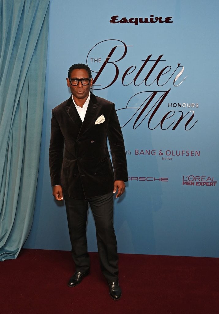 David Harewood wearing a dark velvet double-breasted jacket with black trousers at Esquire UK's Better Men Honours in London.