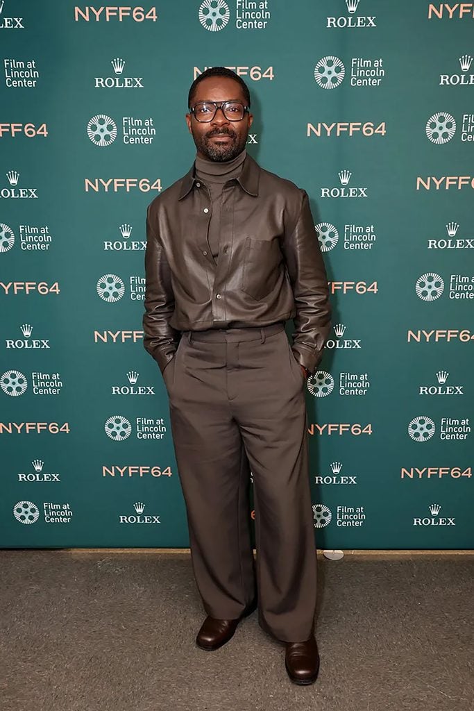 David Oyelowo wearing a chocolate-brown leather shirt with a matching turtleneck and wide-leg trousers at the 'Clarissa' premiere during the 2026 New York Film Festival.
