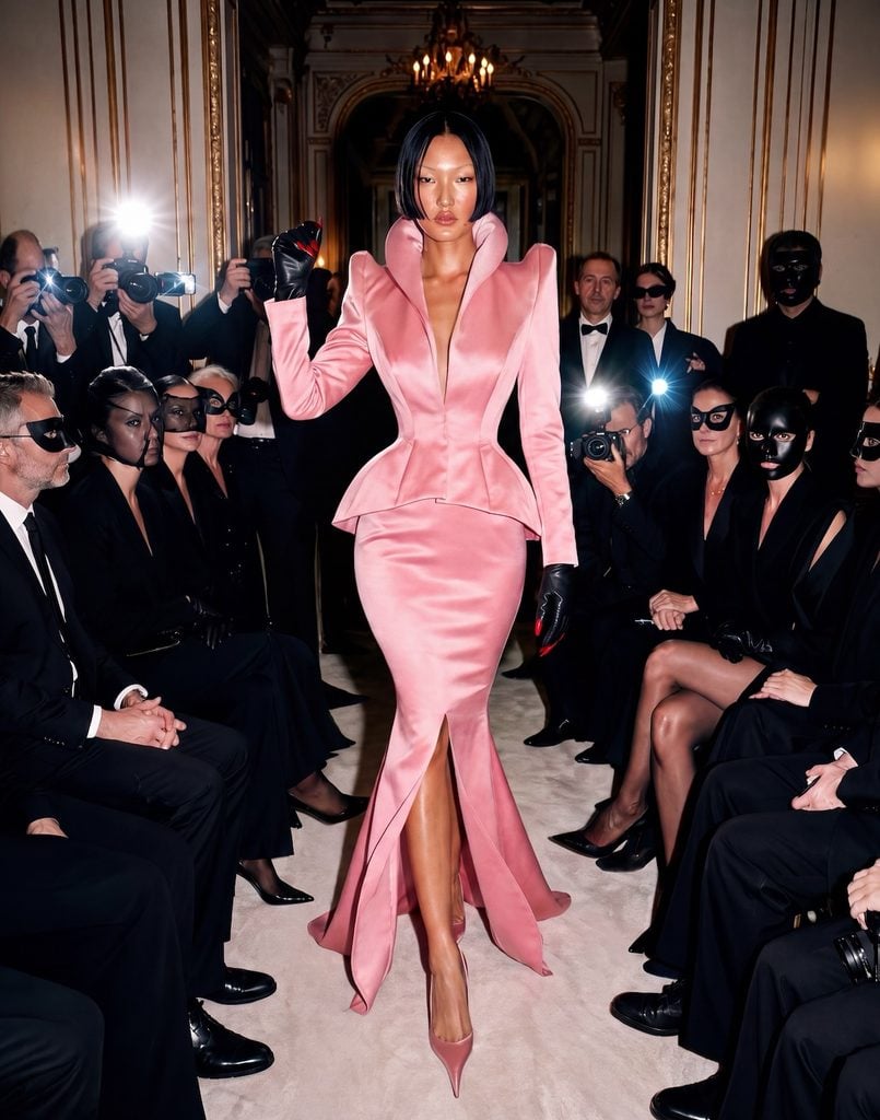Diarbakerli Jozeph & Cintia Spring 2027 runway model wearing the pink satin ensemble later worn by Niecy Nash at the All's Fair Rome photocall.