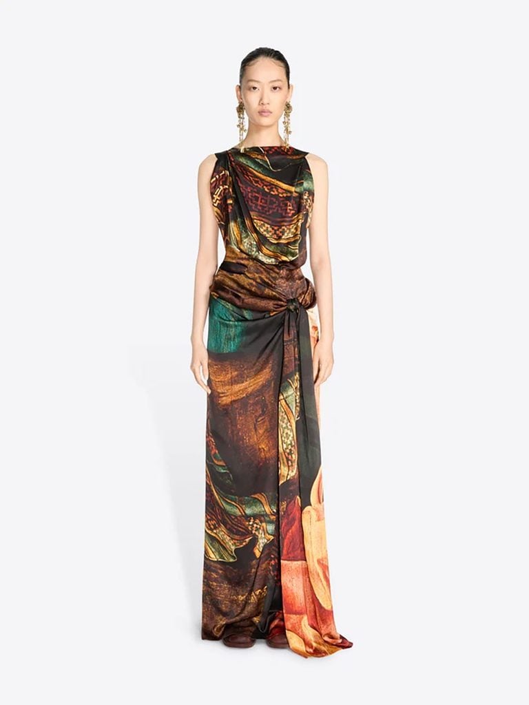 Dries Van Noten Fall 2026 Daralyn dress with an enlarged Flemish painting print, draped neckline and knotted hip detail.