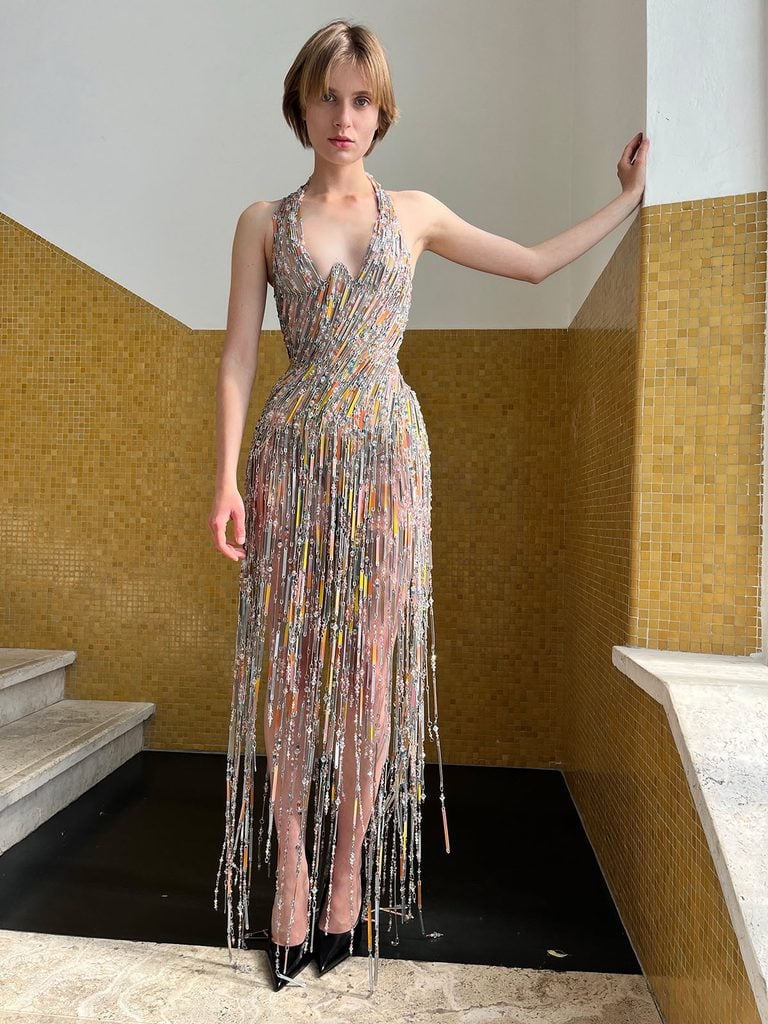 Elias Matso 'Boned' dress from the 'Melt with Me' collection, featuring a corseted bodice, hand-painted steel boning and cascading crystal strands.
