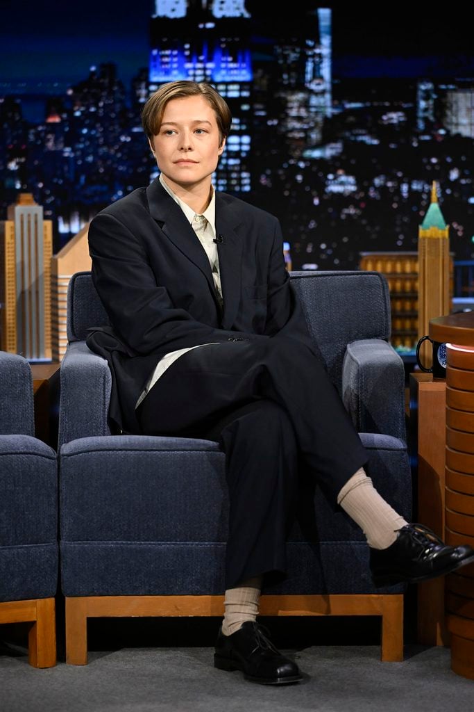 Emma D’Arcy wearing Jil Sander Spring 2027 tailoring during their appearance on ‘The Tonight Show Starring Jimmy Fallon’.
