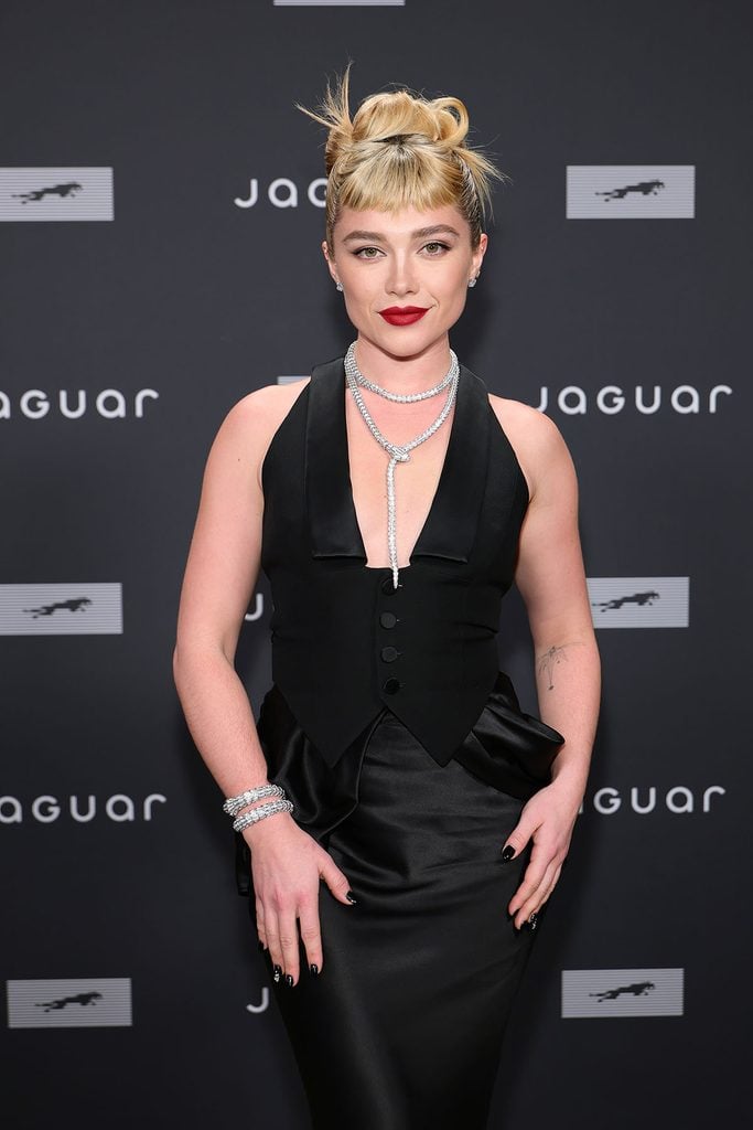 Florence Pugh wearing Patrick McDowell with Bvlgari High Jewelry at the Jaguar Type 01 world premiere in New York.