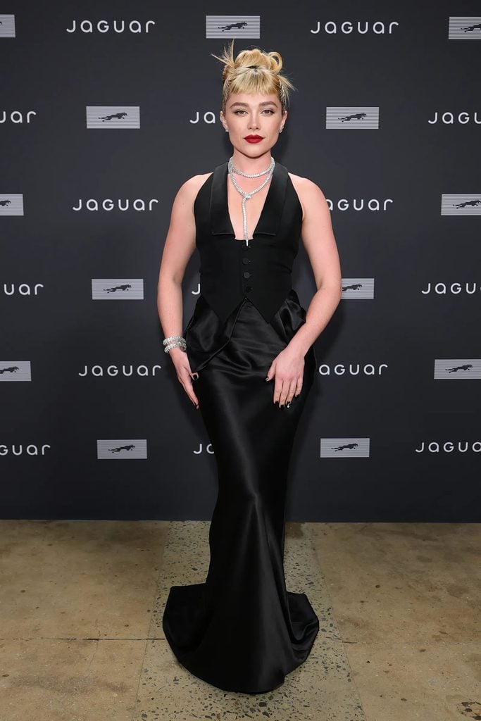 Florence Pugh wearing Patrick McDowell Fall 2026 at the Jaguar Type 01 world premiere in New York.