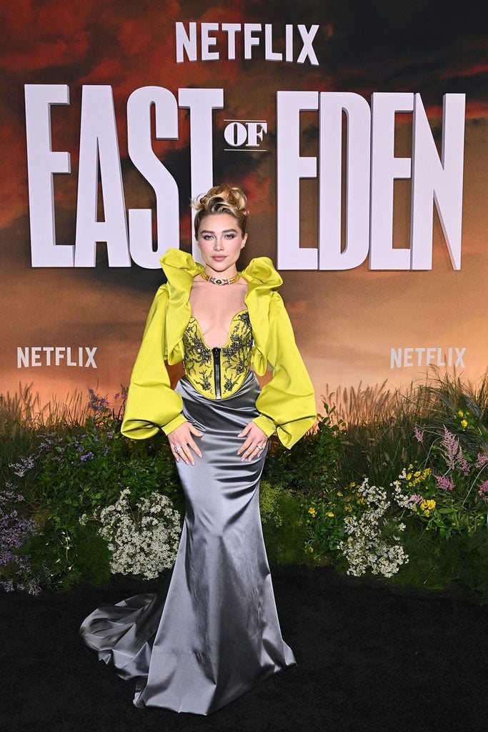 Florence Pugh wearing custom Vivienne Westwood at Netflix’s ‘East of Eden’ New York premiere at The Plaza Hotel.