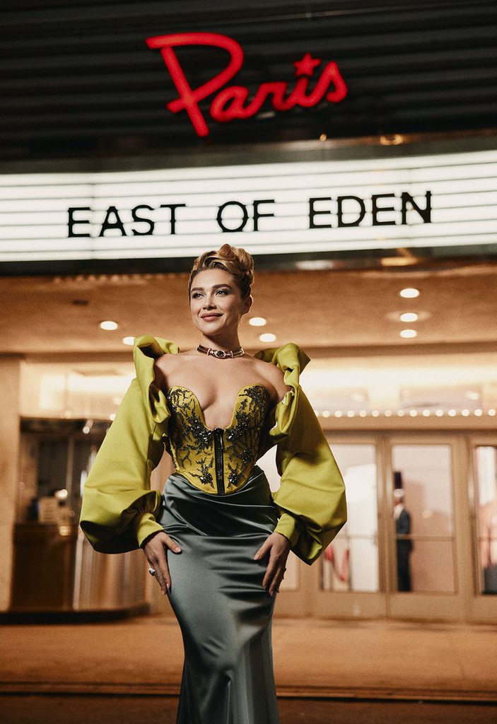 Florence Pugh showcasing the corseted bodice and embroidered detailing of her Vivienne Westwood premiere look.