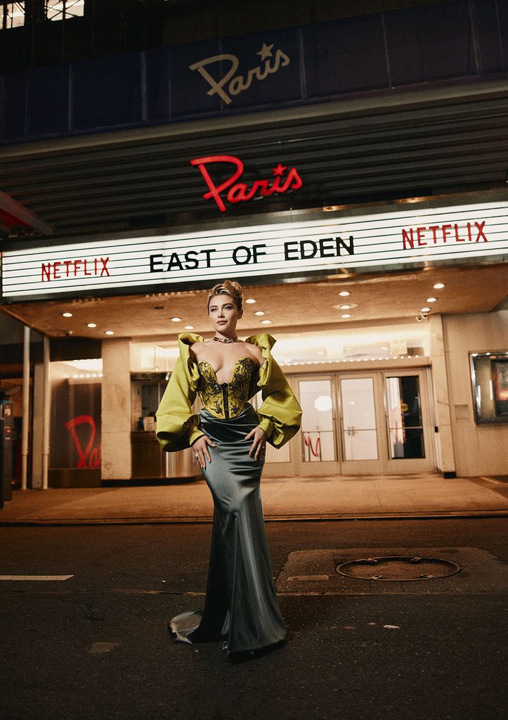 Florence Pugh wearing Vivienne Westwood with a sculpted corset and dramatic puff sleeves at The Plaza Hotel.