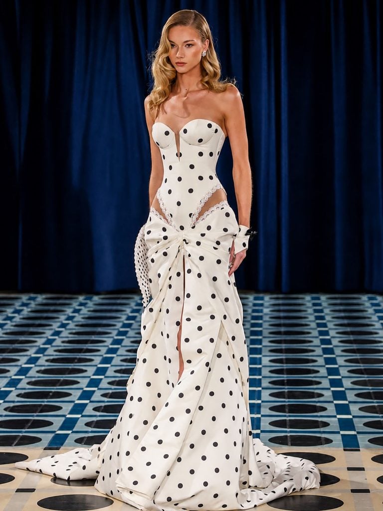 Galia Lahav Fall 2027 bridal runway model wearing the black-and-white polka-dot gown later seen on Kim Kardashian in Rome