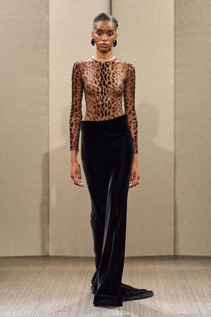 Giorgio Armani Privé Fall 2026 runway look with sheer animal-print embroidery and a dark velvet skirt, inspiration for Monica Barbaro