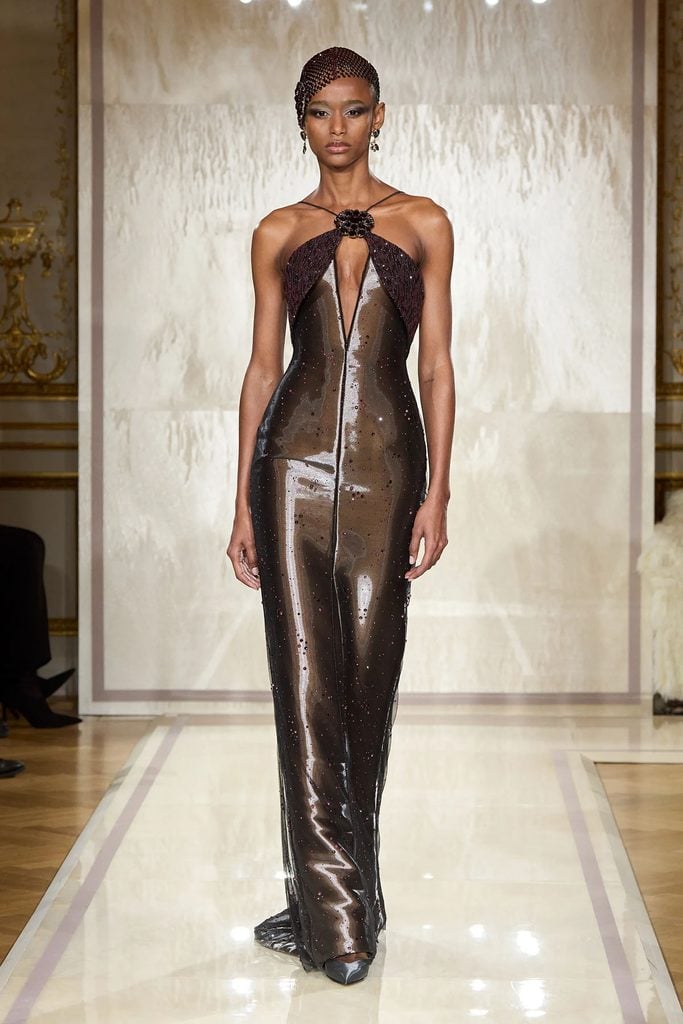 Giorgio Armani Privé Spring 2025 runway gown with an embellished neckline, inspiring Emma Chamberlain's red gala dress