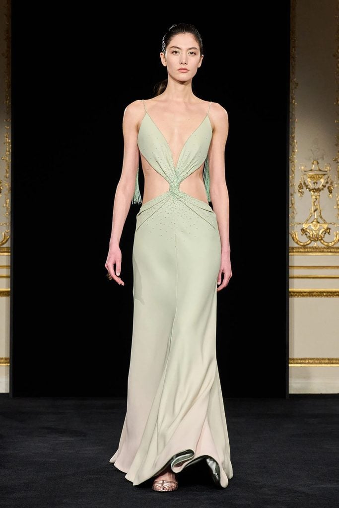 Giorgio Armani Privé Spring 2026 runway gown with side cut-outs and beaded tassels, referenced for Sabrina Carpenter's blue dress