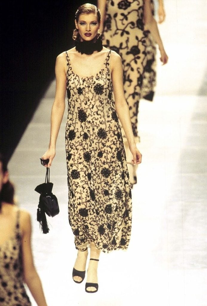 Giorgio Armani Spring 1995 runway dress with black floral embroidery, later worn by Lili Reinhart at the Academy Museum Gala