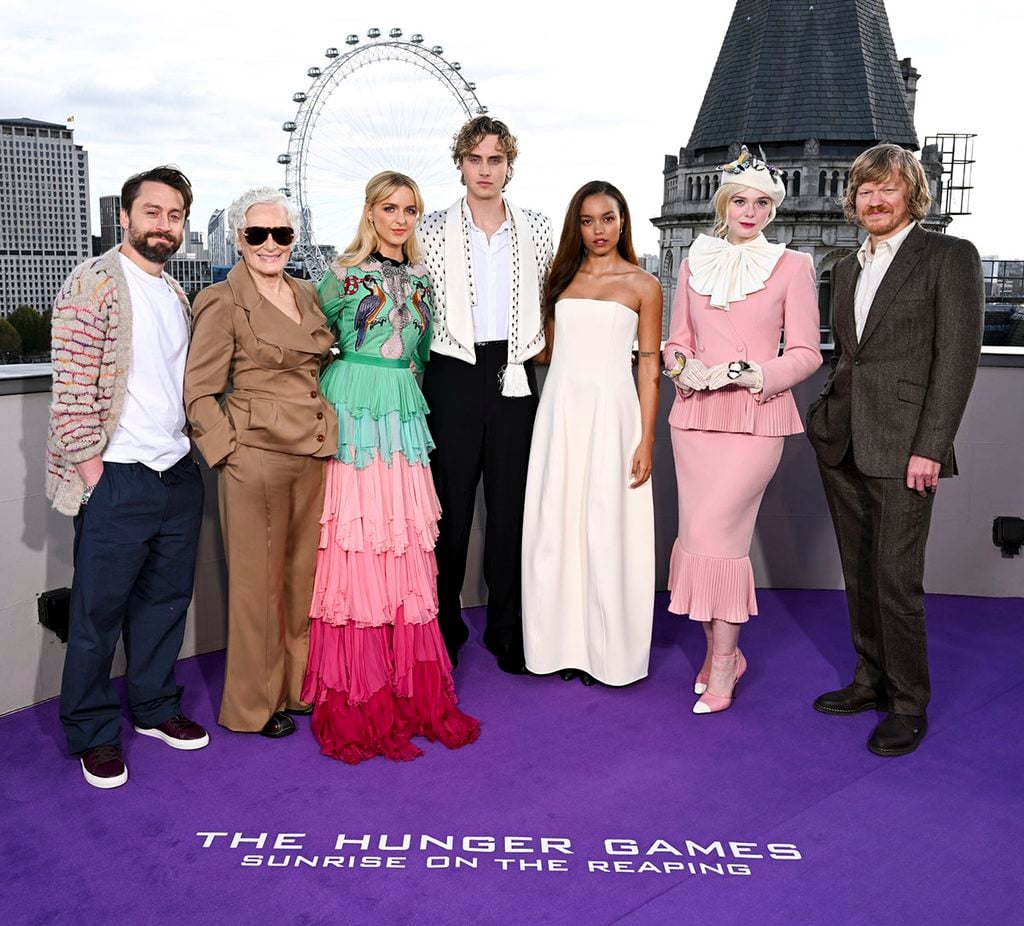 The Hunger Games: Sunrise on the Reaping cast at the London photocall, with Glenn Close, Mckenna Grace, Joseph Zada, Whitney Peak and Elle Fanning.