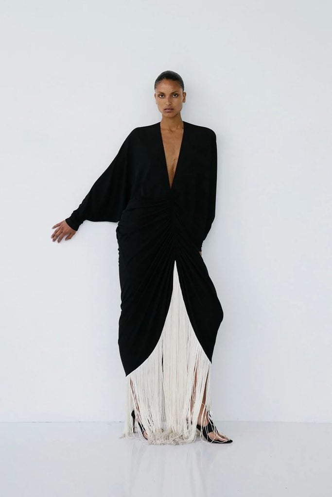 Ilkyaz Ozel black plunging maxi dress with floor-length white fringe