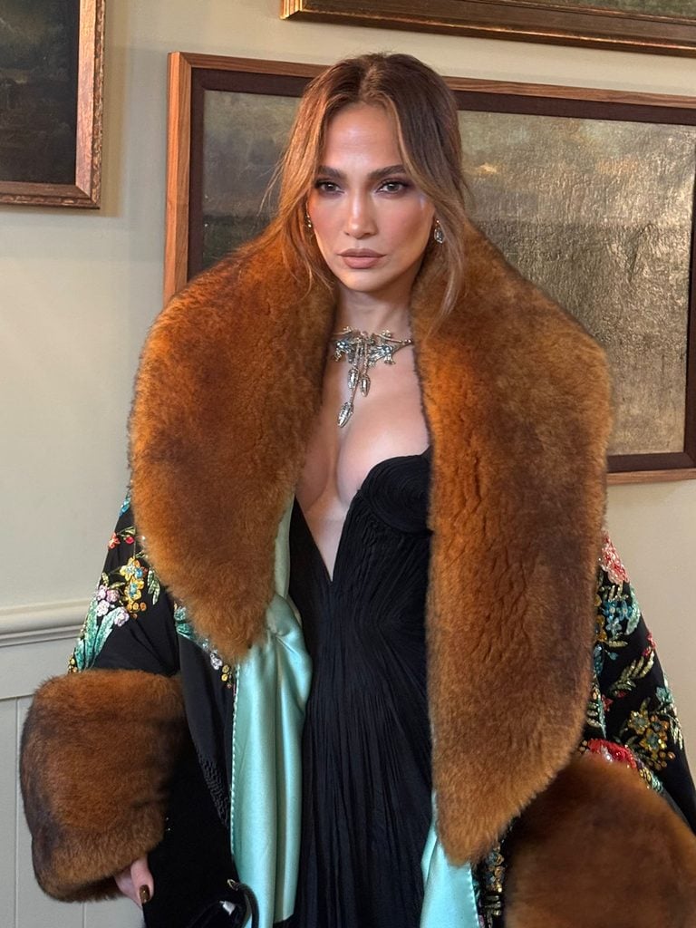 Jennifer Lopez wearing a Dolce & Gabbana Alta Moda fur-trimmed coat over a black Maria Lucia Hohan gown, accessorised with a Georges Fouquet Art Deco necklace for the LA Opera 2026 Opening Night Gala.