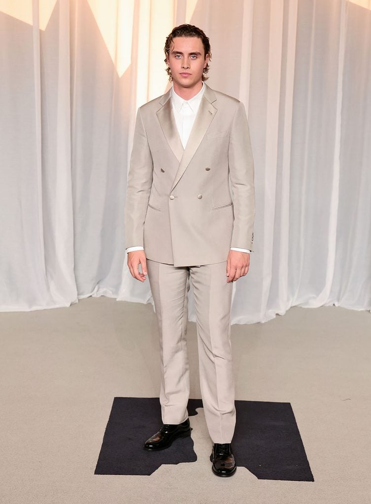 Joseph Zada wearing a beige Giorgio Armani double-breasted tuxedo at the 2026 Academy Museum Gala in Los Angeles