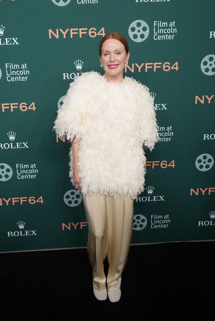 Julianne Moore wearing a cream embroidered Bottega Veneta top, ivory silk trousers and matching Allegra pumps at 'The Debut' New York Film Festival premiere.
