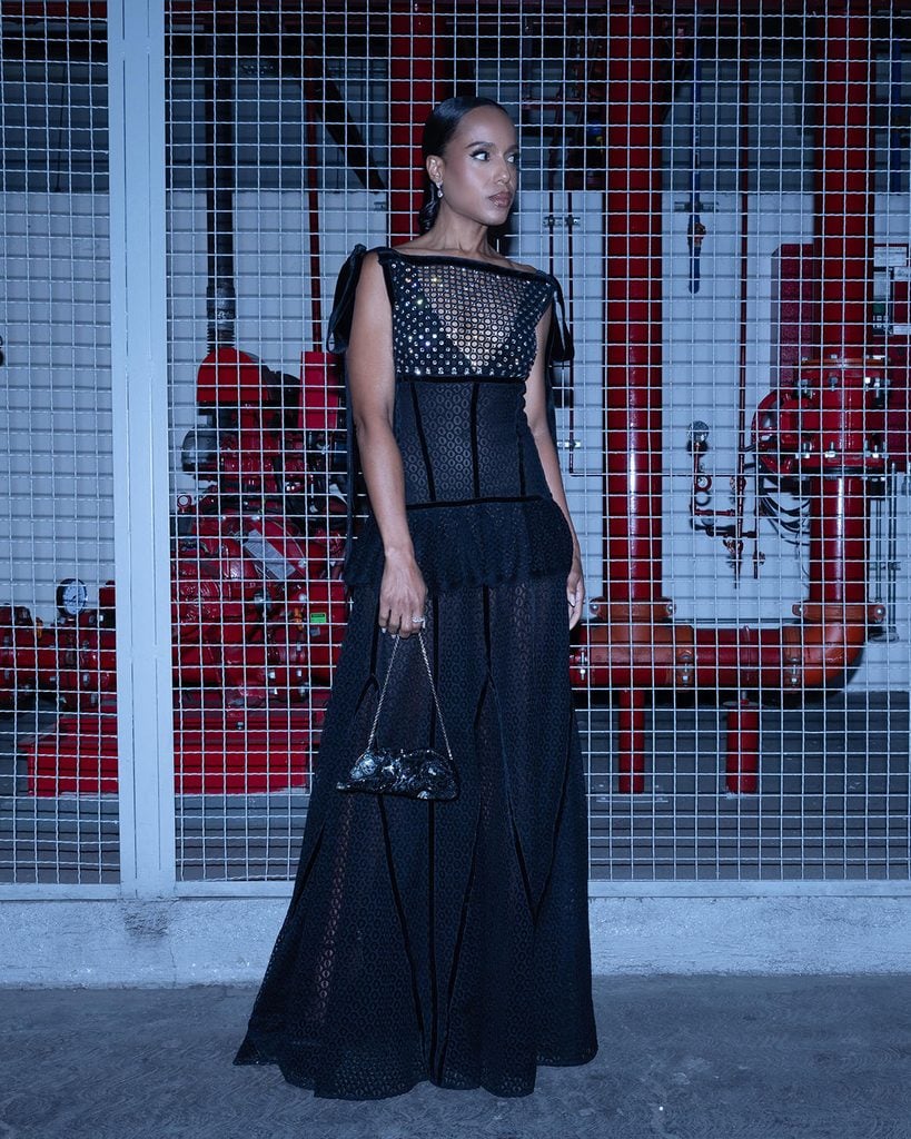 Kerry Washington in her sheer black Lanvin gown carrying a Judith Leiber clutch in Mexico City.