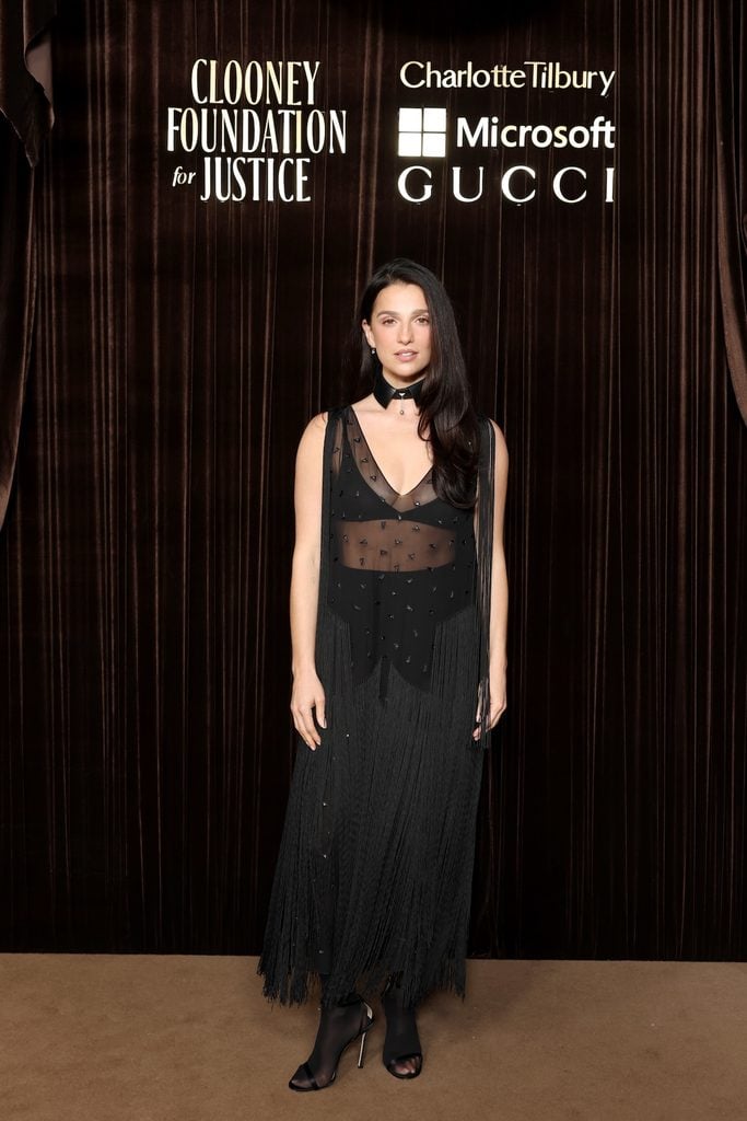 Marisa Abela wearing a layered black Fendi Fall 2026 dress with fringe and embellishments at the 2026 Albies in London.
