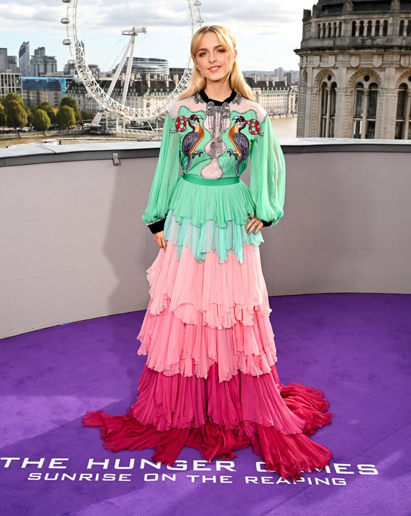 Mckenna Grace wears a colourful Gucci Fall 2016 gown by Alessandro Michele at The Hunger Games: Sunrise on the Reaping London photocall.