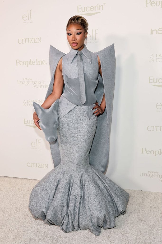 Megan Thee Stallion in a grey sculptural Robert Wun Fall 2026 Couture gown at the InStyle Imagemaker Awards in Los Angeles.